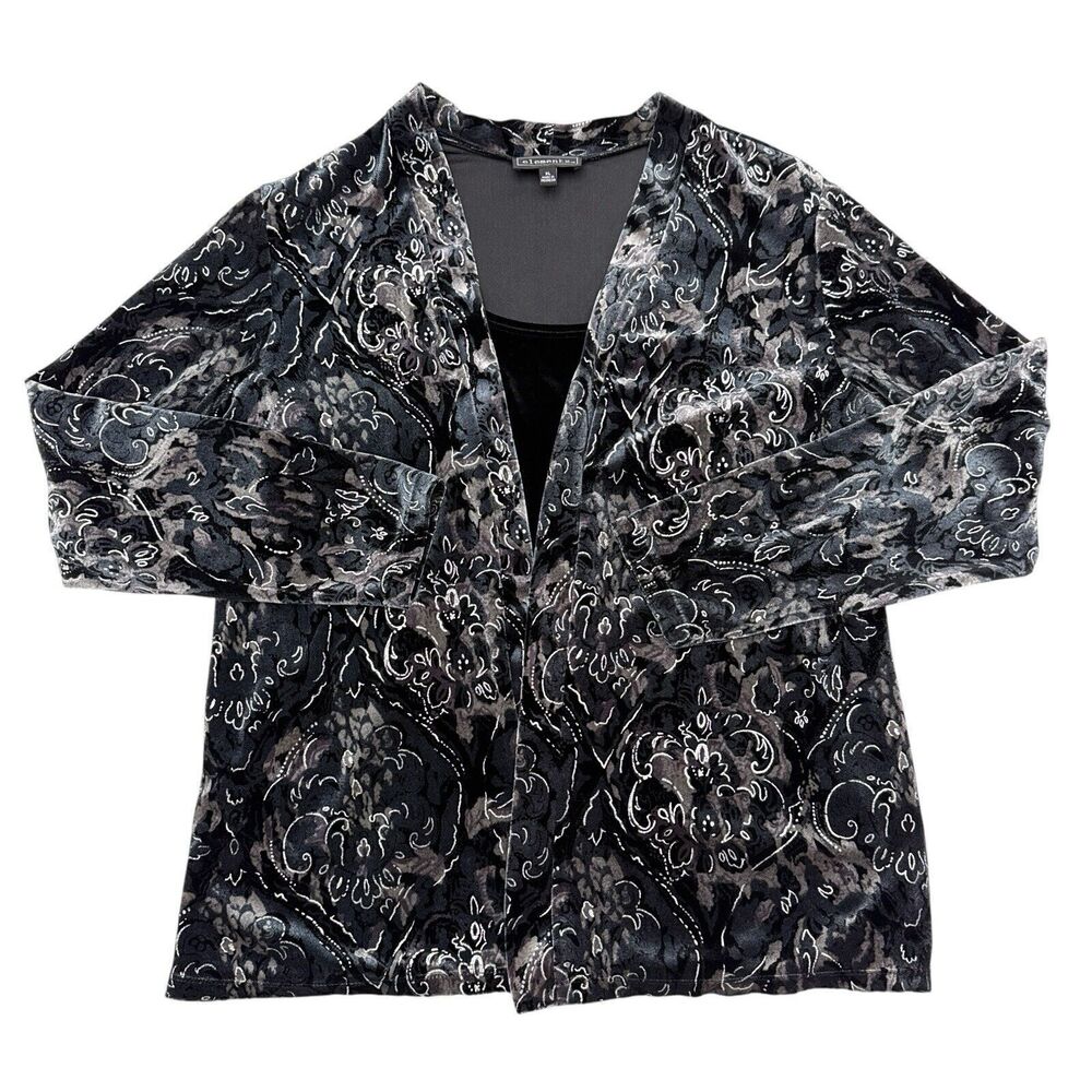Elementz Top Womens Size XL Black Gray Burnout Velvet Built‎ In Shirt Open Front